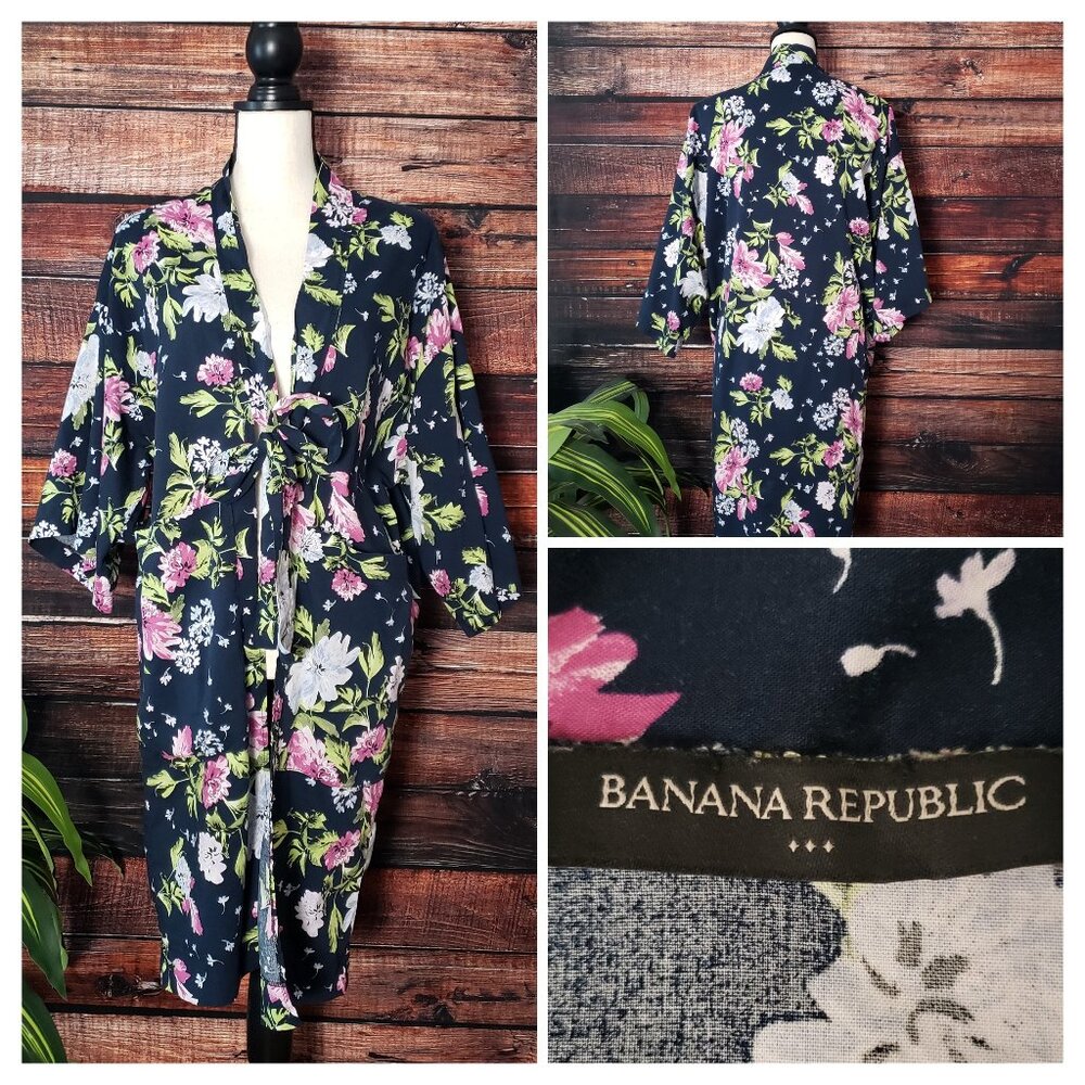 Banana Republic Kimono Robe One Size Tie Front Pockets Navy Floral Cotton Rayon